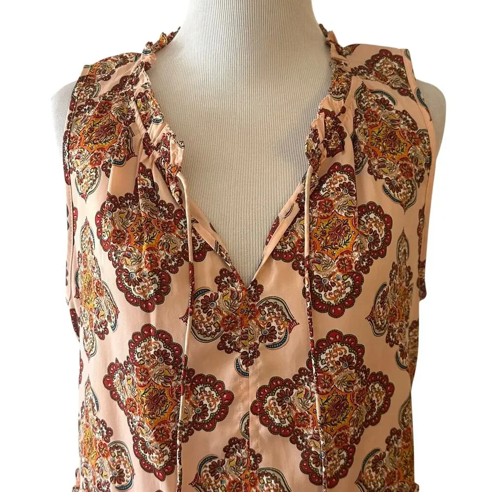 LOFT Peplum Tank Womens Medium Pink Medallion Satin Tiered Babydoll Ruffled Top